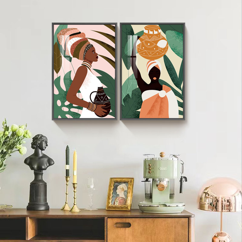 BOHO Wall Art - 2 Piece Single Picture Frame Print Set on Canvas, Black, 16" H x 24" W x 2.6" D