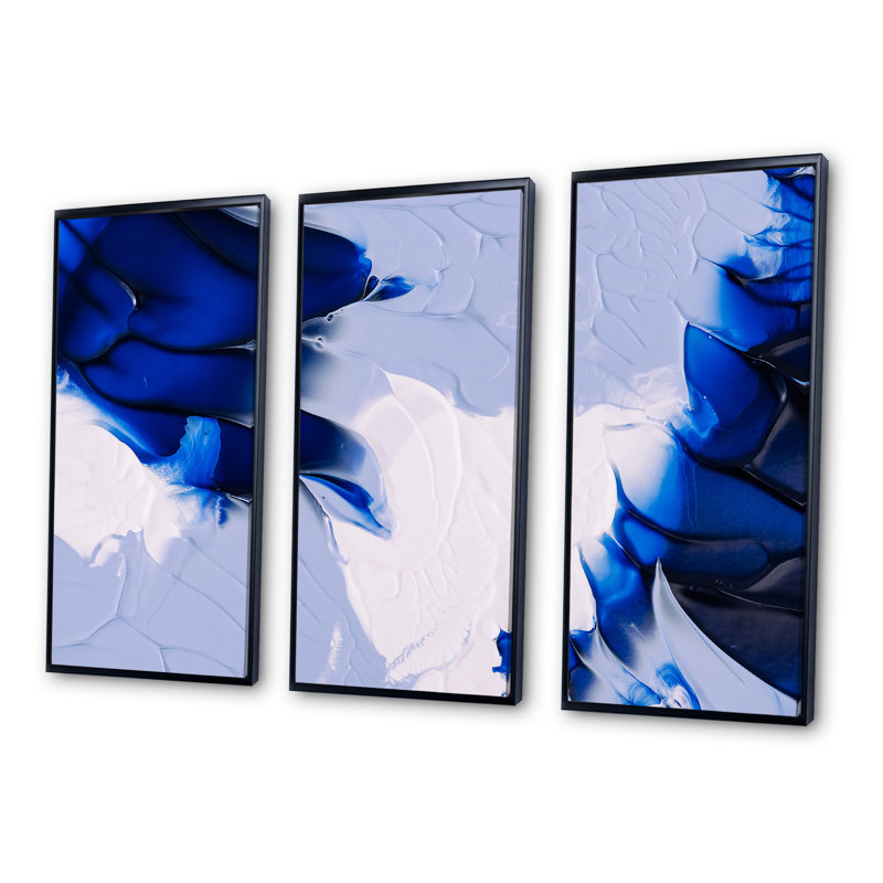 Abstrait bleu gris et vagues blanches - peinture sur toile flottante 3 pièces, Noir, H 28 po x l 36 po