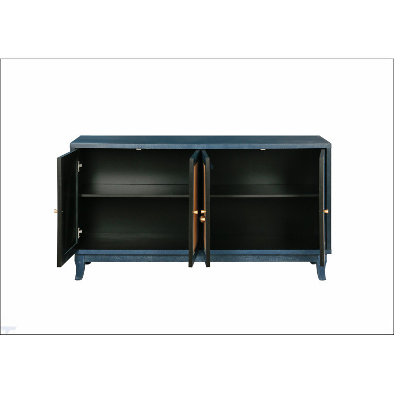 Panneaux de grain de qualité supérieure fabriqués à la main, buffet buffet en rotin, rangement décoratif avec 4 portes en rotin, console moderne, tablettes réglables, salon, bleu