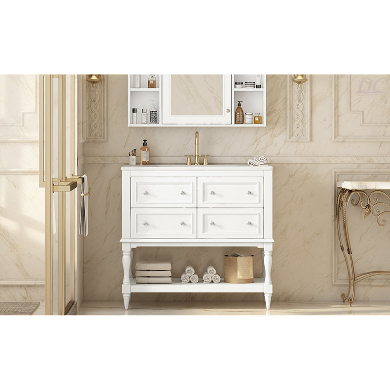 Ensemble de meuble-lavabo 36 po avec ensemble de meuble-lavabo, lavabo en céramique encastré, ensemble de meuble-lavabo autoportant avec 4 tiroirs, armoire de salle de bain avec cadre en bois massif