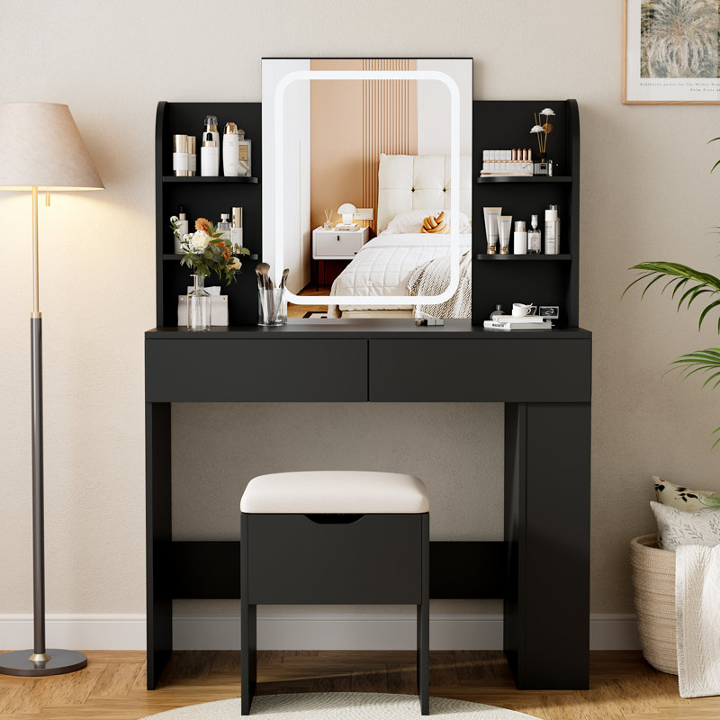 Vanity Desk with Mirror and LED Lights, Makeup Vanity Table with 3 Lighting Color, Adjustable Brightness, Vanity Table with 2 Drawers, Side Storage, for Bedroom