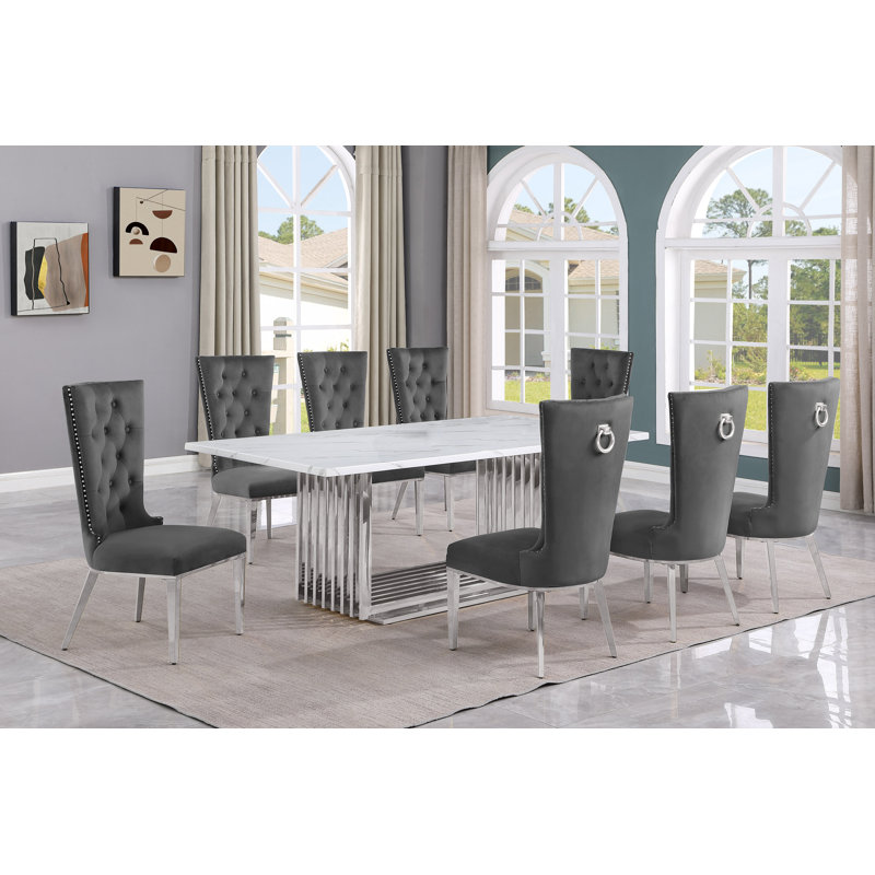 Barkhamsted Marble Top Pedestal Dining Set, 9, Grey/Silver, Silver