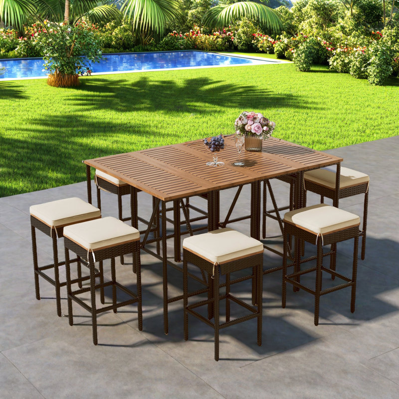 10-Piece Outdoor Dining Table Sets Included 2 Foldable Tables And Eight Stools With Cushions