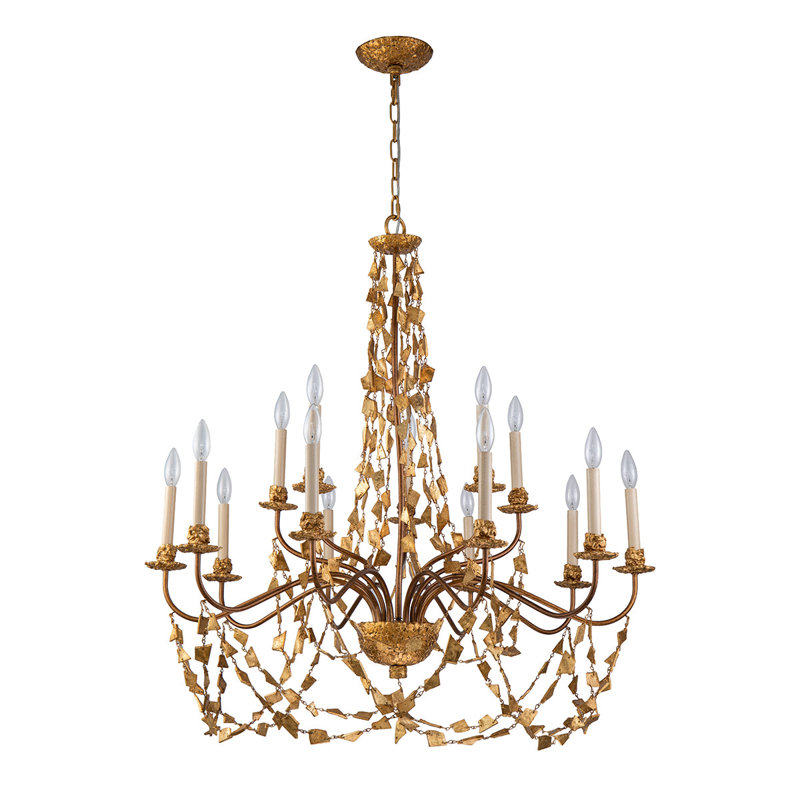 Mosaic  Extra Large Antiqued Gold Flambeau Inspired 15 Light Chandelier