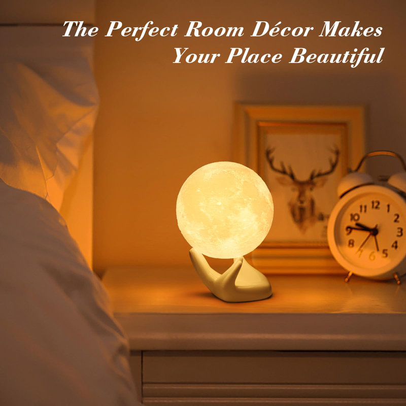 3D Printed Moon Lamp with Ceramic Hand Base, Dual-Color LED