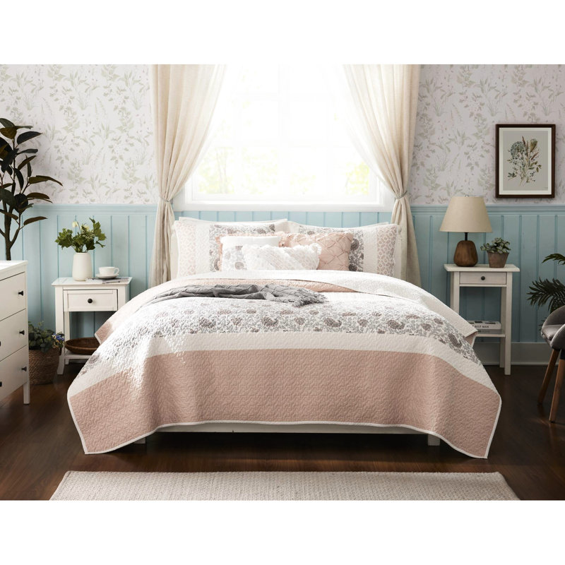 Courtepointe réversible en coton 6 pièces très grand / très grand King / King, King Quilt + 5 Additional Pieces, Rosé