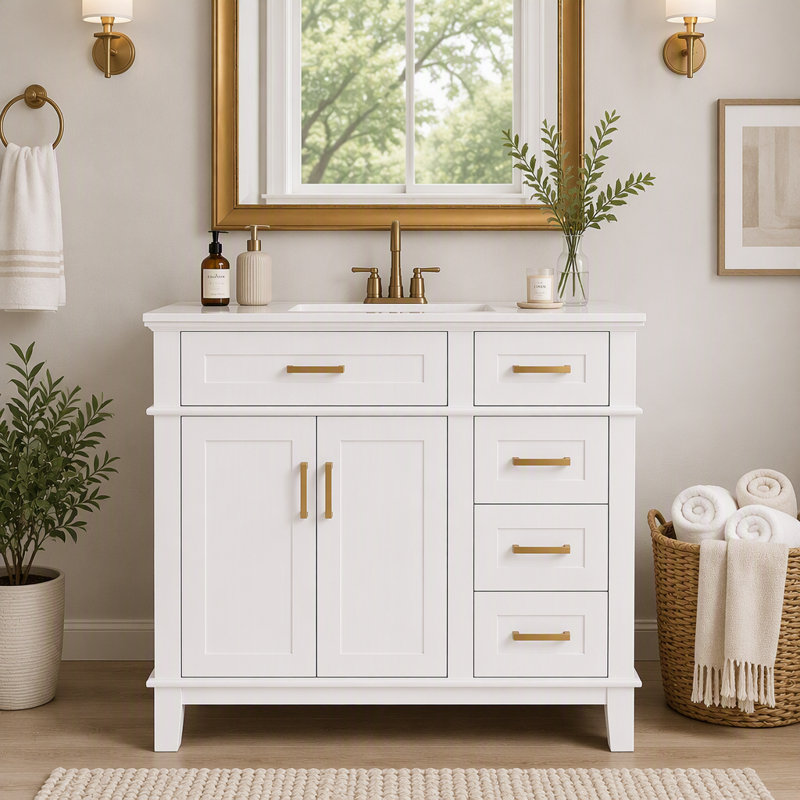 Meuble-lavabo de salle de bain de 36 pouces (91 cm) avec 4 tiroirs de rangement et porte à fermeture en douceur, Blanc