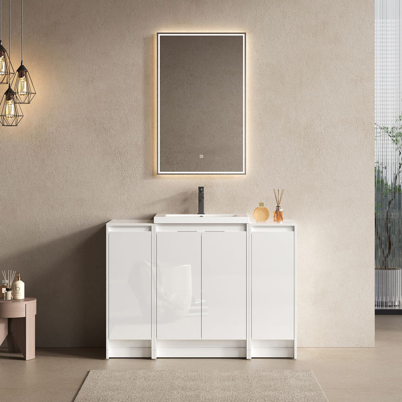 Meuble-lavabo autoportant de 48 po avec lavabo en résine et 2 armoires de rangement, portes à fermeture douce, contreplaqué