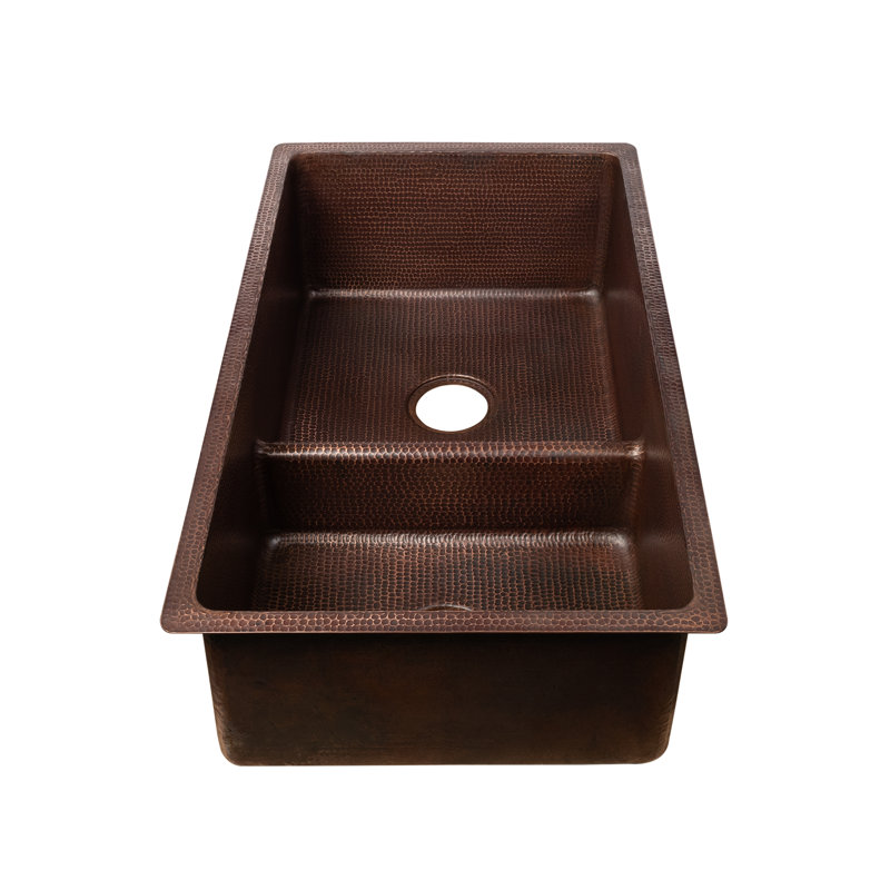 33" Hammered Copper Kitchen 60/40 Double Basin Sink with Short 5" Divider w/ Matching Drains and Accessories
