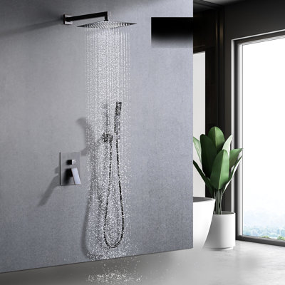 Système de douche en bronze huilé, fixation murale avec pluie de 10 po et tête de robinet à main, robinet et buse autonettoyante