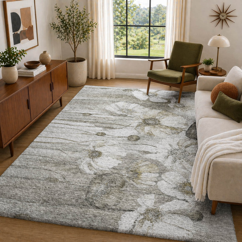 Tapis floral à poils longs de qualité supérieure lavable à la machine ADS712, Taupe, 9 pi x 12 pi