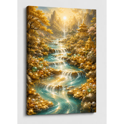 Grande impression d'art sur toile de Feng Shui Prosperity River 24 x 36 pouces cascade Wealth Decor Nature Artwork salon bureau Home Decor prêt à accrocher