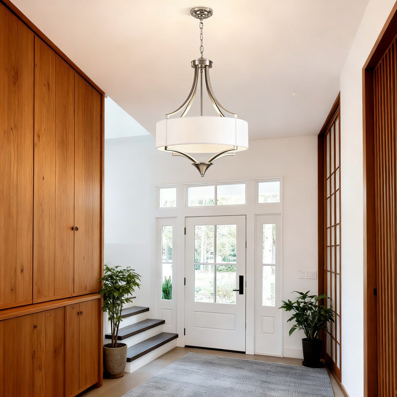 Lustre tambour 6 lumières moderne avec abat-jour en tissu blanc, luminaire suspendu à hauteur réglable pour salle à manger, îlot de cuisine, salon, chambre à coucher et vestibule