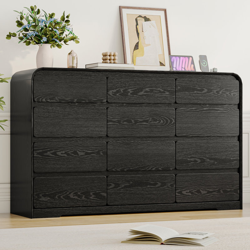 63" 12 Drawer Dresser With Charging Station, Rounded Corners/Curved Profile Design, Black