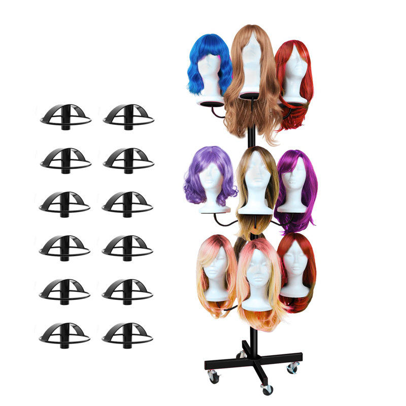 Wig Holder For Multiple Wigs For 12-Mannequin Head, Wig Styling Stand Display Holder Organizer Metal Wig Rack On Wheels Tree Shelving - Patent Protected( Small Black With 12 Little Wig Holder