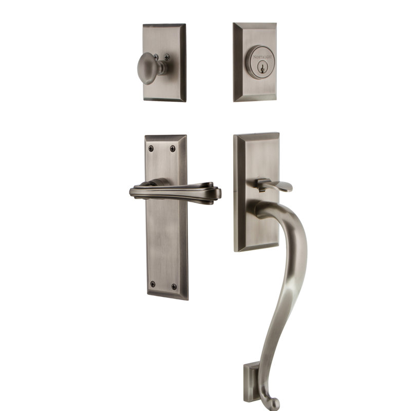 Nostalgic Warehouse New York Plate S Grip Handleset with Single Cylinder Deadbolt and Fleur Lever, 2 3/4", Antique Pewter