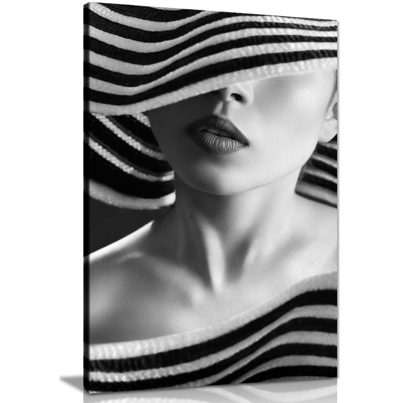 Panther Print Fine Art Prints Shy Woman In A Black & White Hat Portrait Artistic Framed Canvas Prints, Pictures For Home Walls, Bedroom, Living Room & Bathroom Decor - Wrapped Canvas Art Prints