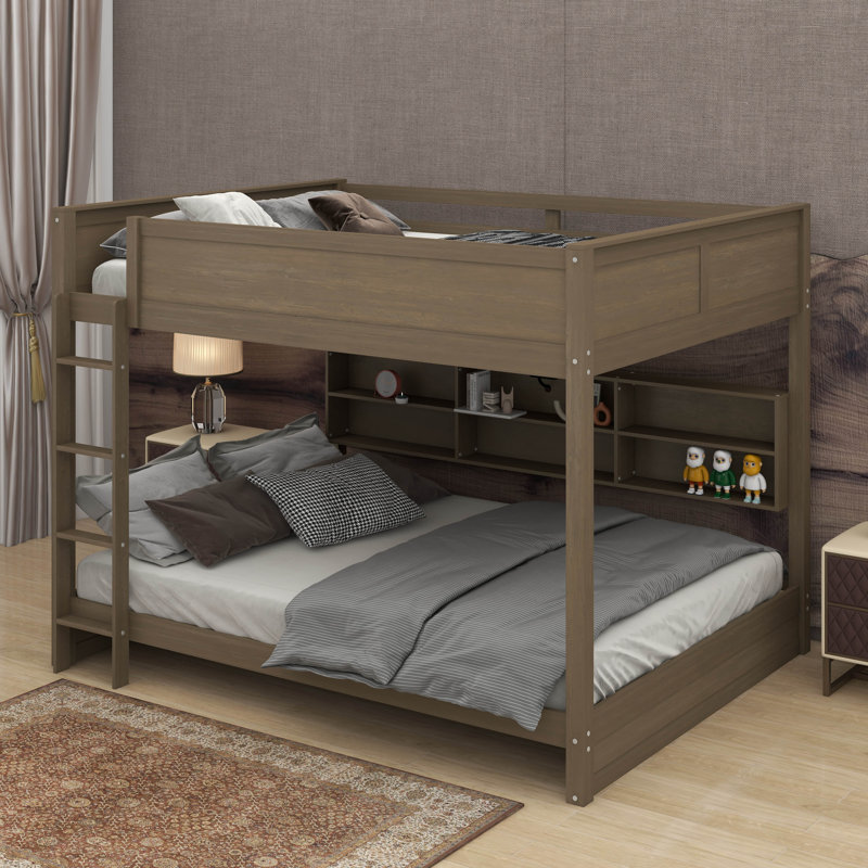 Lit superposé grand sur grand avec armoires et port USB, Grand sur grand, Noyer