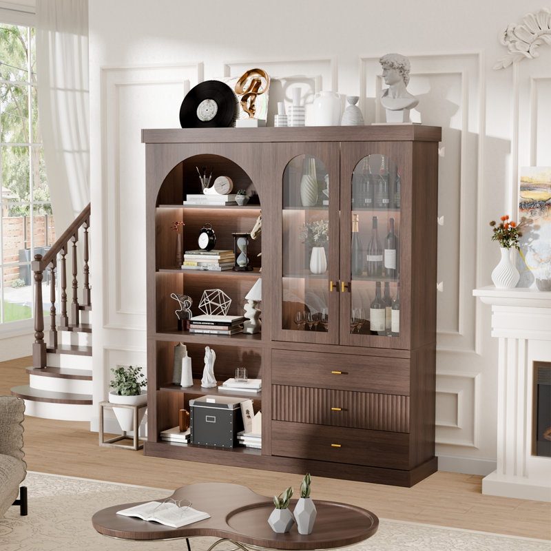 Ensemble d'armoires de rangement de 70 po de hauteur avec tablettes à DEL et garde-robe en verre, armoire moderne en bois avec tiroirs, rangement multifonctionnel pour le salon et la chambre à coucher