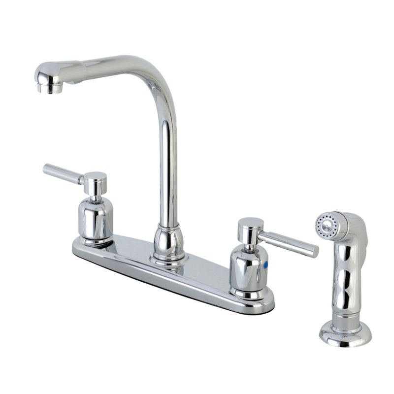 Robinet de cuisine central à 4 poignées à 4 trous 8 po avec douchette latérale Kingston, Chrome poli