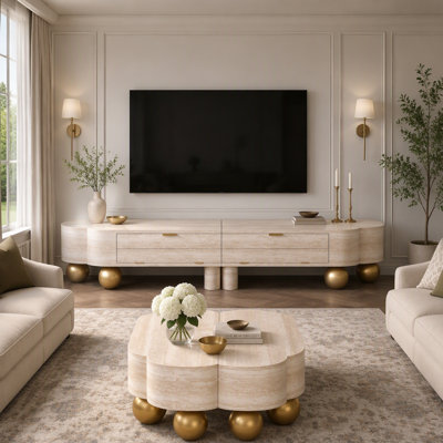 Faux Travertine Modern Coffee Table and TV Stand Set of 2 with Storage