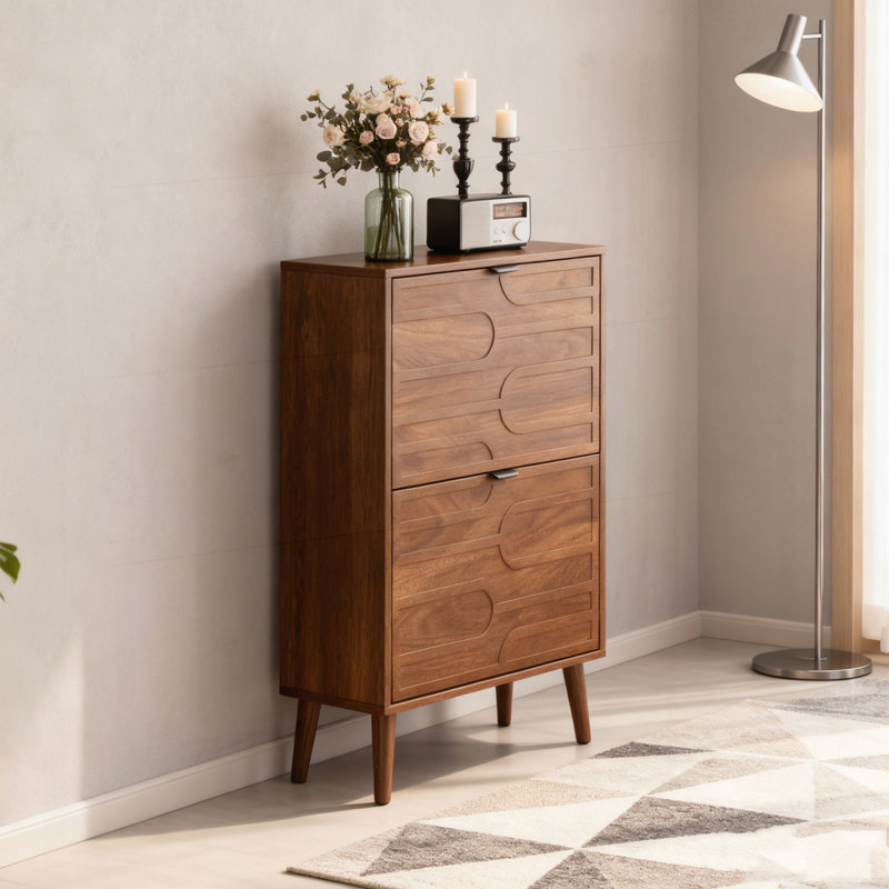 Medieval Modern Independent Shoe Cabinet With 2 Flip Drawers, Adjustable Dividers, And Open Bottom Storage For Corridors And Entrances
