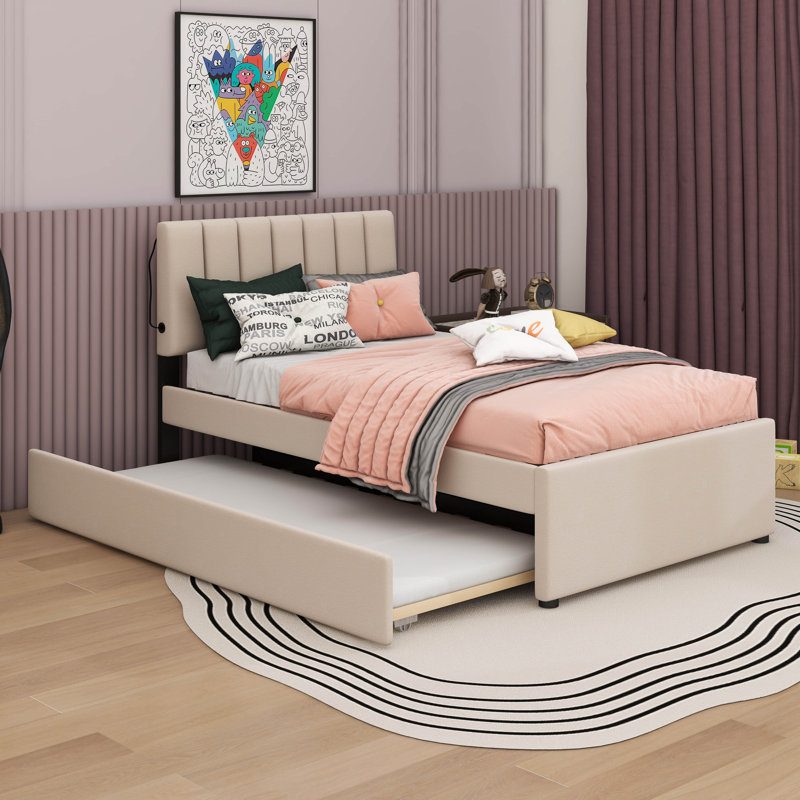 Lit plateforme tapissier simple avec lit gigogne Teddy, Beige