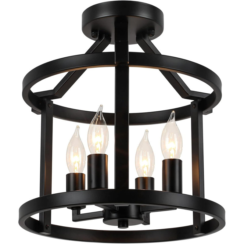 4-Light Farmhouse Metal Semi Flush Mount Ceiling Light Fixture, Industrial Vintage Matte Black E12 Candle Ceiling Lamp, Rustic Chandeliers For Living Room Bedroom Dining Room Entryway Hallway Kitchen
