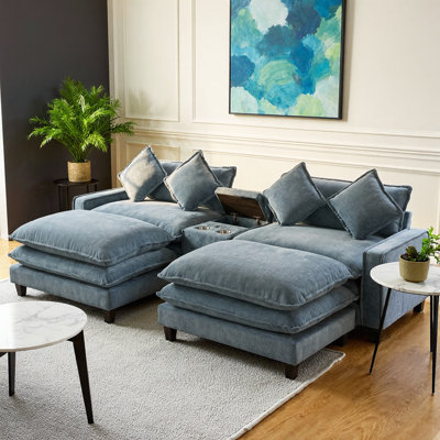 Canapé modulaire de 111 po avec deux ports USB, porte-gobelets et rangement - chenille, 5 repose-pieds amovibles, grande boîte de rangement cachée - canapé moderne en forme de L pour le salon, le cinéma maison ou la salle familiale