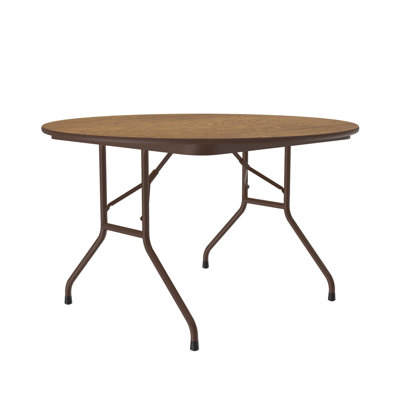 Correll 48 rond, table commerciale pliante, plateau en stratifié thermolaqué noyer lourd 3/4 noyau, , portatif, tablier en acier robuste