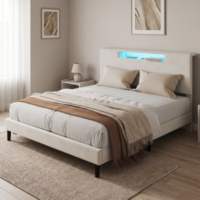 Très grand cadre de lit tapissier très grand avec lumières DEL et station de charge, tête de lit haute avec tablettes de rangement - lit plateforme intelligent avec USB-C, capacité de 800 lb