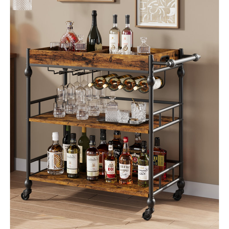 Bar Cart, 3 Tier Bar Cart With Wheels, With Wine Rack And Glasses Holder, Rustic Brown