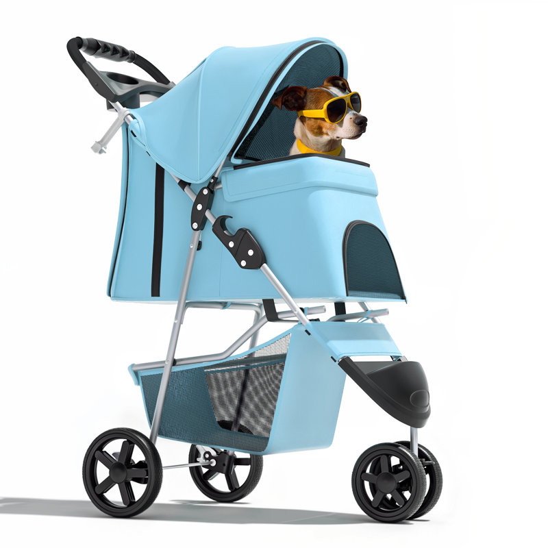 Foldable Pet Dog and Cat Stroller with Adjustable Canopy Storage Basket and Cup Holder for Small and Medium Pets, Green