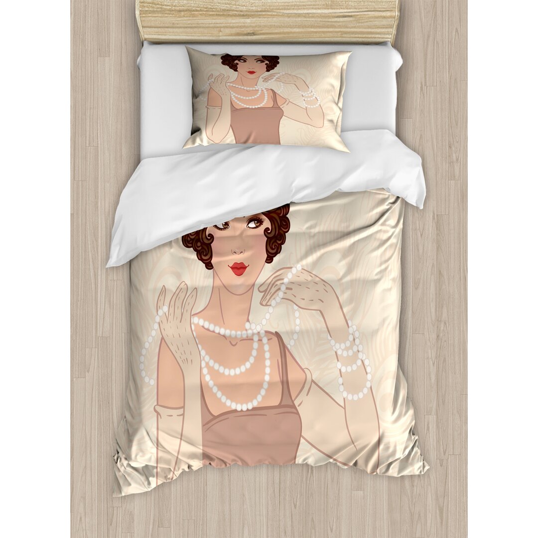 Bettbezug Set, brunette Flapper, Old Hollywood, Beige Braun Elfenbein