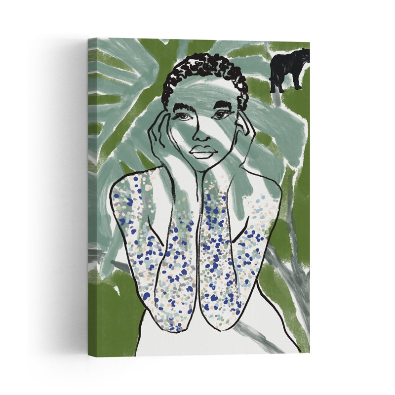 Pensive Jungle Woman Abstract Cat Forest Landscape Wall Art Print 1 Piece Wrapped Canvas Wall Art, 91.44cm H x 60.96cm W