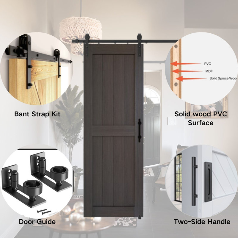 Porte de grange coulissante 30/36/42 rustique avec surface en PVC Installation facile, imperméable et durable, 30 po x 84 po