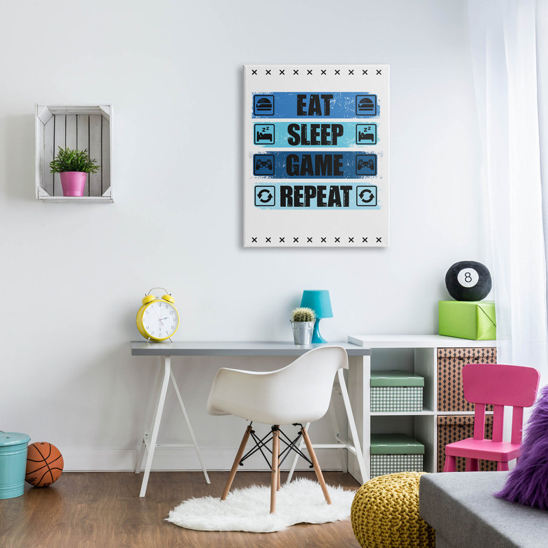 "Eat Sleep Game Répétition", art mural par Angela Nickeas, H 40 po x l 30 po x P 1,5 po