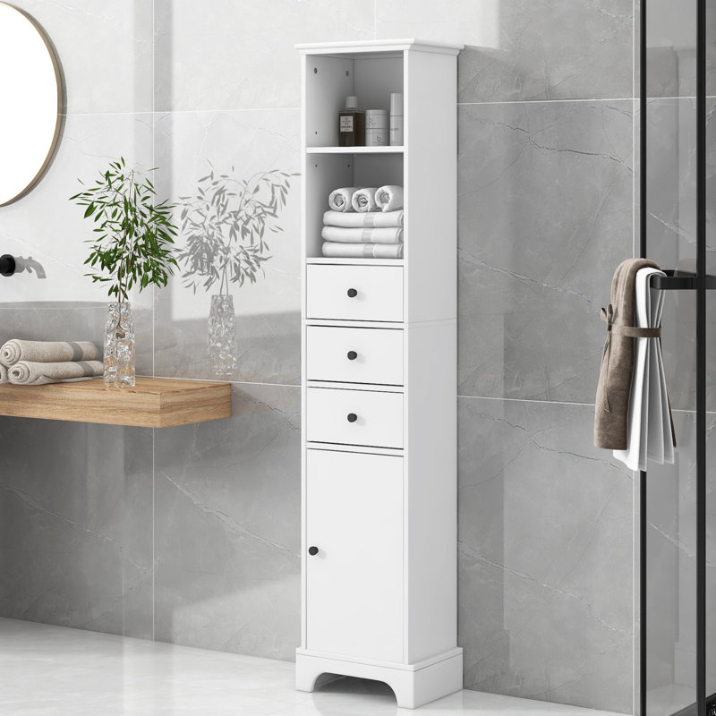 Grande armoire de salle de bain blanche, armoire de rangement autoportante avec 3 tiroirs et tablette réglable, panneau de fibres à densité moyenne avec finition peinte