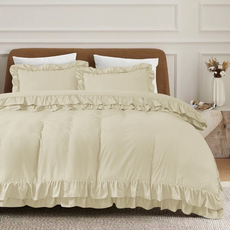 DUVET FRILL Microfiber Solid Colour Duvet Cover with Pillowcases, Cream, Single Duvet Cover + 1 Standard Pillowcase
