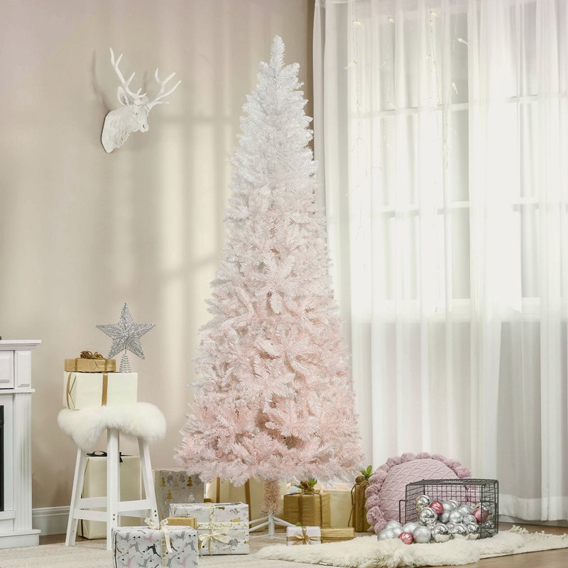 Sapin de Noël artificiel non éclairé 7 pi avec branches réalistes et base en acier, rose et blanc, 7'