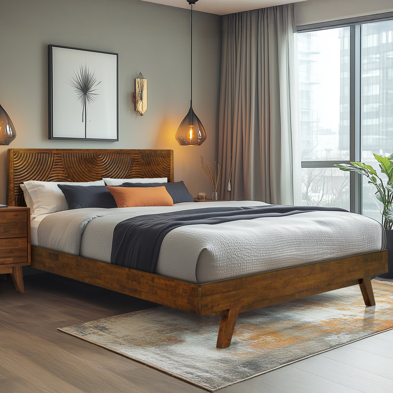 Structure de lit plateforme en bois massif avec tête de lit - Style moderne Mid-Century, grain de bois sculpté, assemblage facile avec outil intelligent, aucun sommier tapissier requis
