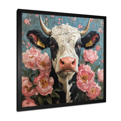 Cow Painting With Peonies II - Cow Large Wall Art