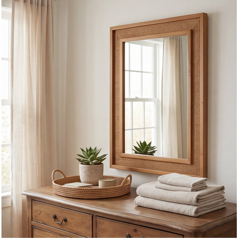 Miroir mural jaune-brun en rotin de 24 po x 36 po avec cadre en bois massif - Décor de ferme pour salle de bain, vestibule, salon