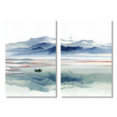 Serene Landscape With Misty Mountains Fishing - Mountains Canvas Wall Art, Blue Landscape Framed Wall Art 2 Piece