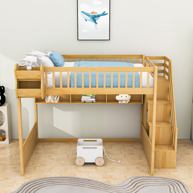 Queen Wood Loft Bed With Wardrobe, Storage Shelves And Stairs, Natural