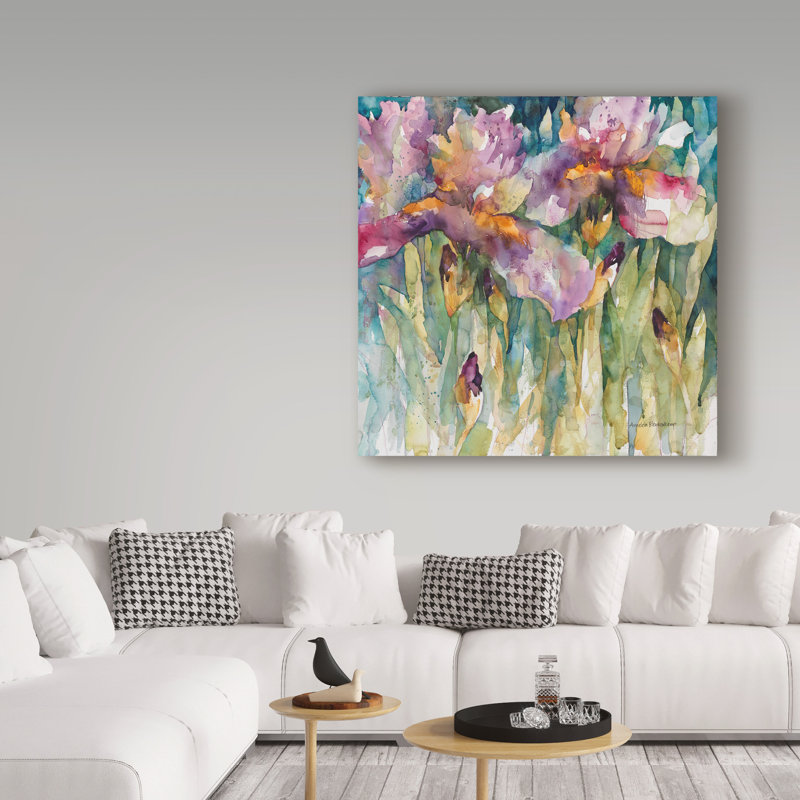 Vibrant Purple Iris Watercolor Canvas Art 14" x 14"