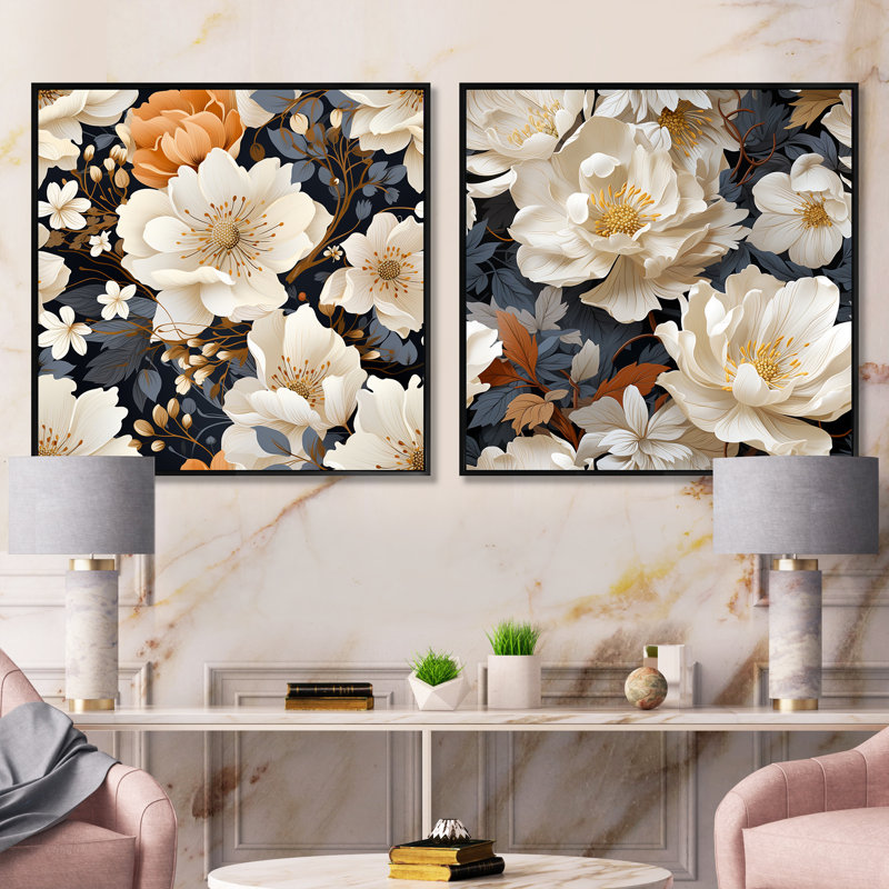 Medora - Ensemble de 2 collages floraux carrés, Cadre flottant noir, H 16 po x l 33 po