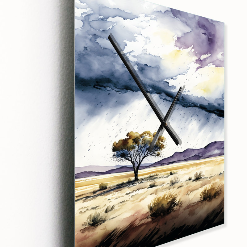 Lonely Tree On Eternal Plains Minimal Watercolor - Abstract Landscape Wall Clock, 32" H x 16" W x 1" D