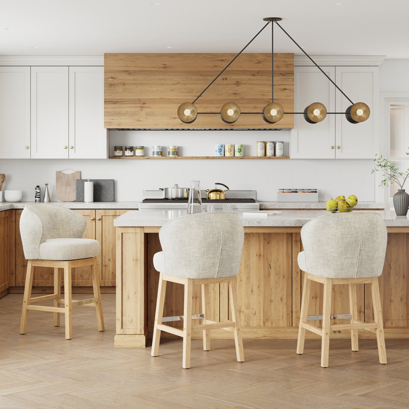 30.32" Swivel Bar Stool with Solid Rubberwood Frame and Metal Footrest, Beige Seat/ Natural Frame