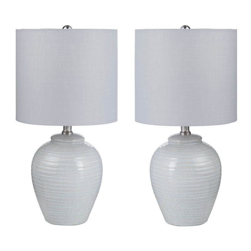 Pale Grey Ceramic Table Lamps with Linen Shade, White